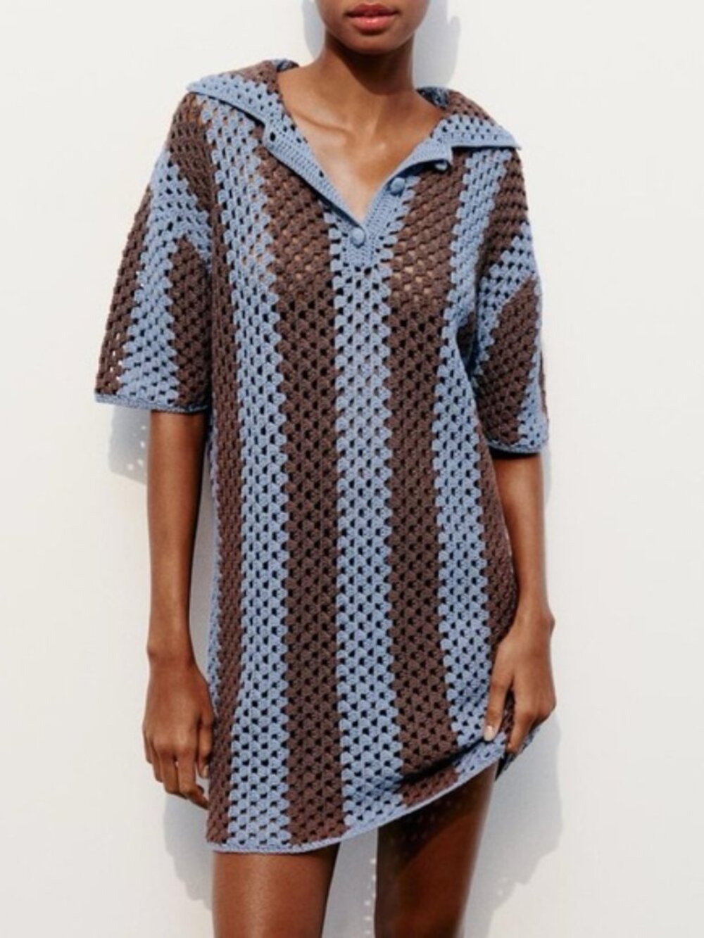 Zara Blue and Brown Striped Crochet Polo Dress